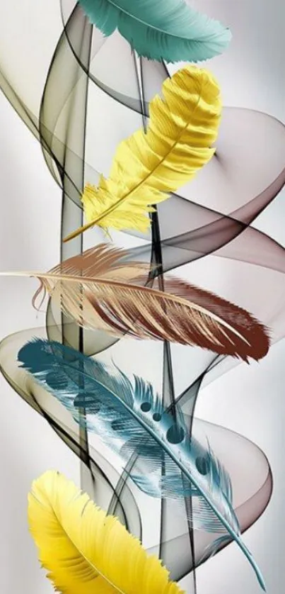 Colorful feathers intertwined with elegant abstract swirls.