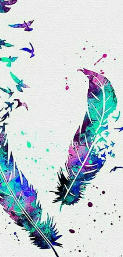 A vibrant feather design with colorful birds on a white background.