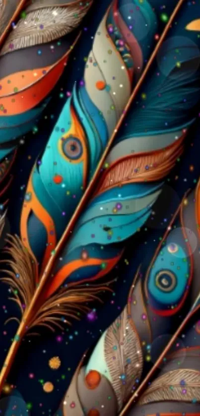 Colorful feathers art wallpaper with vibrant details and navy blue background.