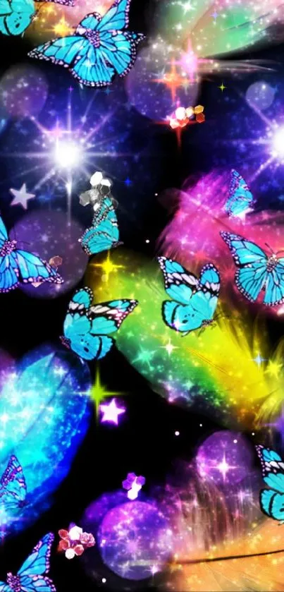 Vibrant wallpaper with colorful butterflies and feathers on a cosmic background.