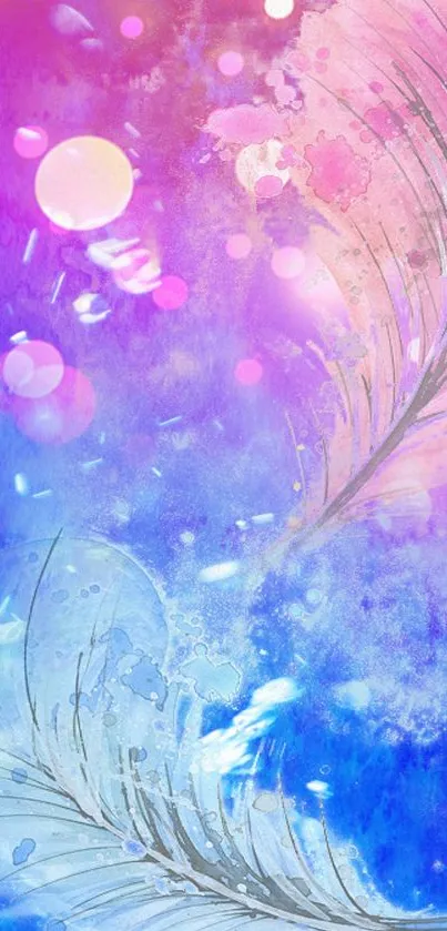 Fantasy art wallpaper with colorful feathers in pink, purple, and blue hues.