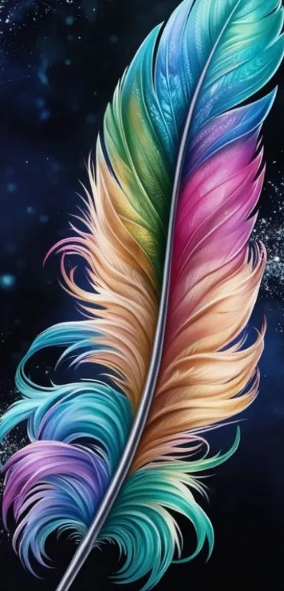 Vibrant multicolored feather on a starry background.