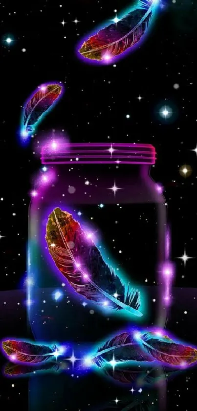 Colorful feathers glow in a cosmic jar with a starry background.