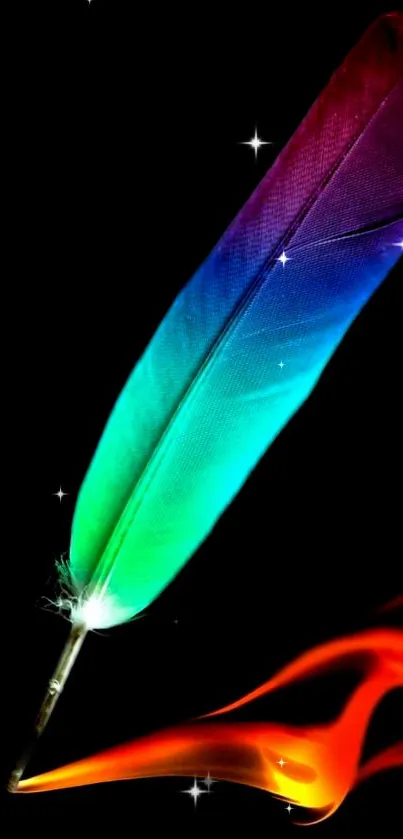 Multicolored feather with black background and fiery accents.