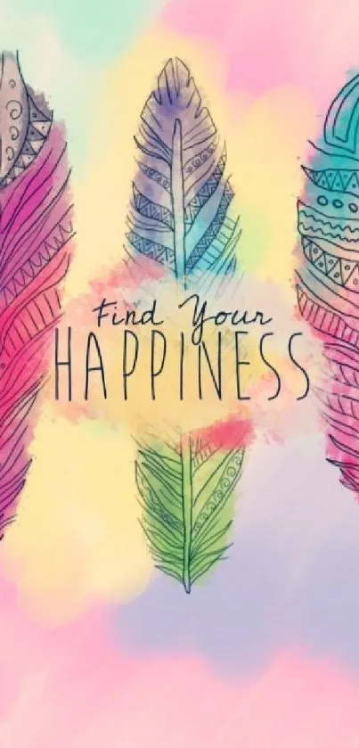 Colorful feathers with 'Find Your Happiness' text on a pastel background.