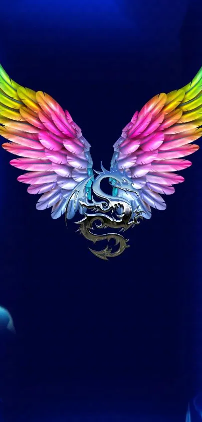 Vibrant rainbow feathered wings on a dark blue background mobile wallpaper.