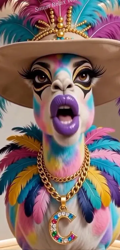 Vibrant llama with colorful feathers and gold accessories.