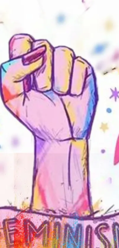 Colorful fist representing feminism on a vibrant phone wallpaper.