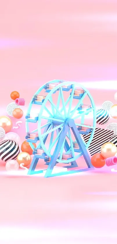 Colorful 3D Ferris wheel on a pink background with abstract shapes.