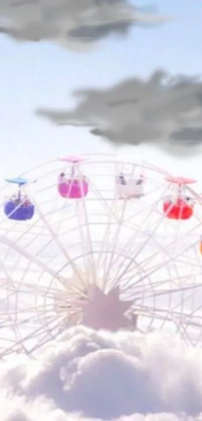 Colorful ferris wheel among fluffy clouds in the sky.