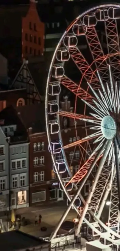 Nighttime Ferris wheel with city backdrop, vibrant and colorful.