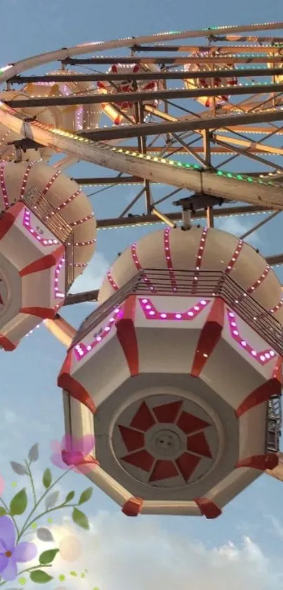 Colorful Ferris wheel against a blue sky with whimsical floral elements.