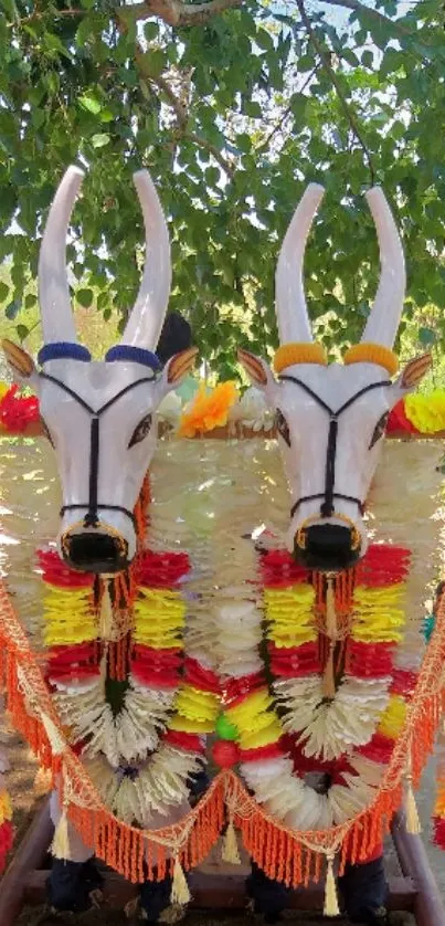 Two festival bulls adorned with colorful garlands under a tree.