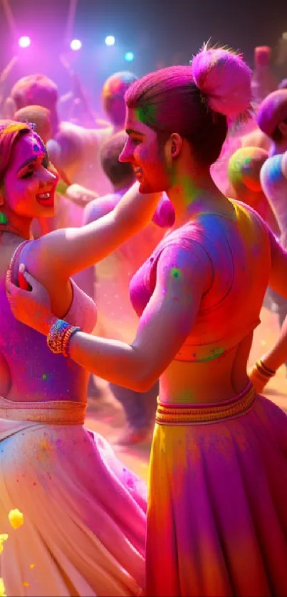 Vibrant festival celebration featuring people covered in colorful powders.