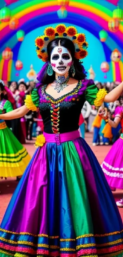 Colorful Day of the Dead dance performance in vibrant traditional costumes.