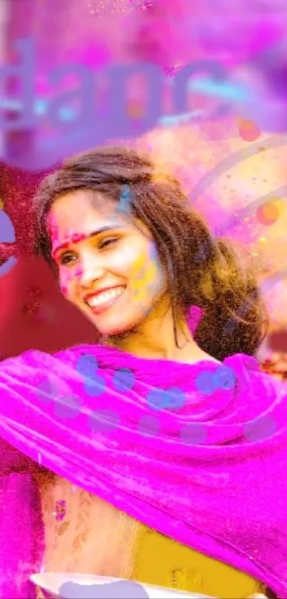 Joyful woman dancing in colorful festival with vibrant pink hues.
