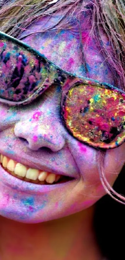 Smiling face with colorful festival art and glasses.