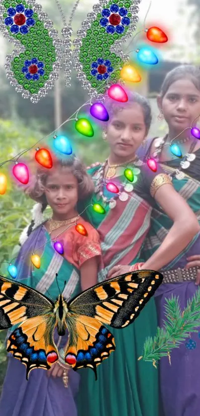 Colorful family in saris with butterflies and festive lights.