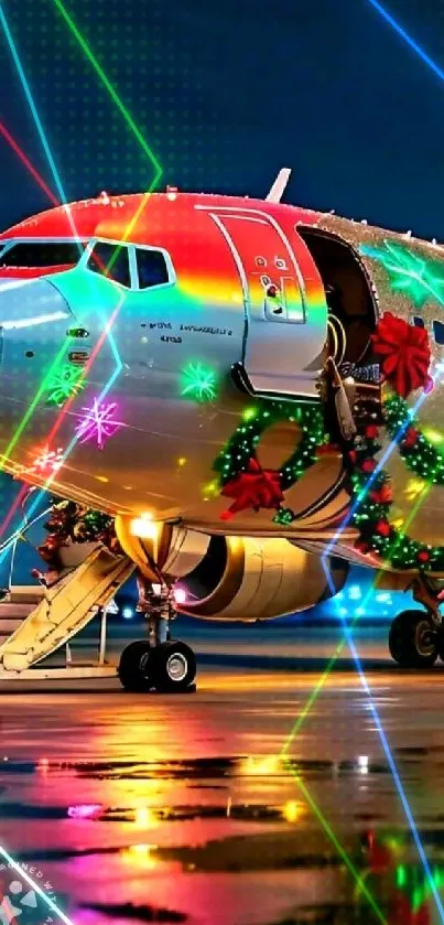 Airplane with colorful festive lights on a tarmac at night.