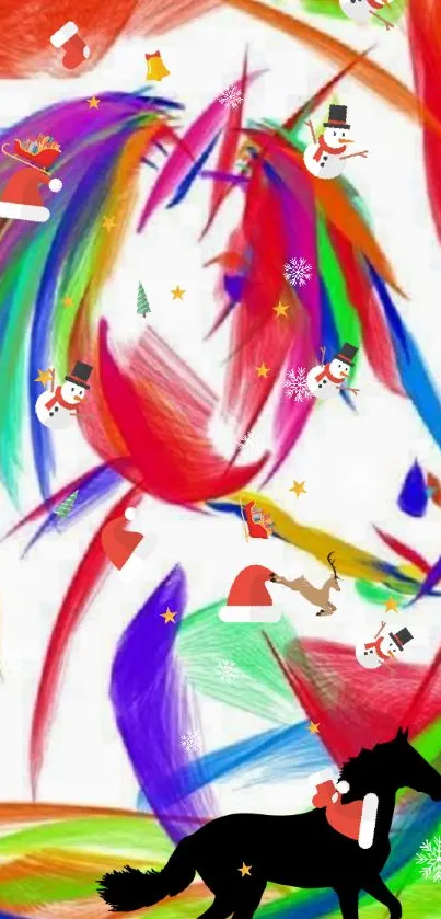 Festive abstract mobile wallpaper with colorful brushstrokes and Christmas motifs.