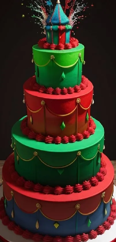 A vibrant, multi-tiered, festive cake with colorful decorations against a dark background.