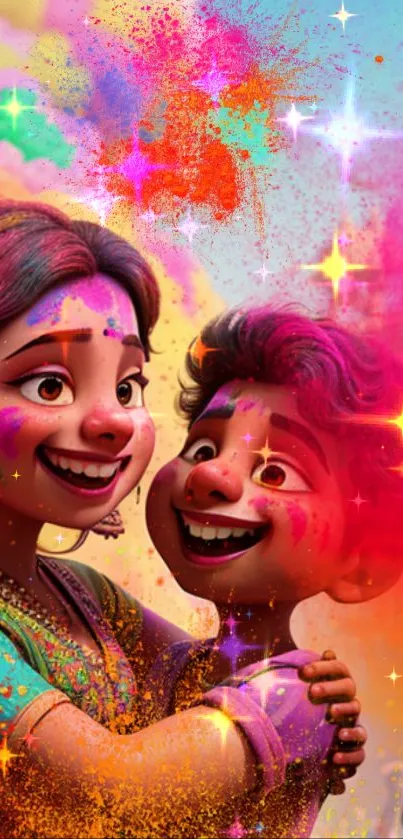 Colorful festive scene with smiling characters and vibrant colors.