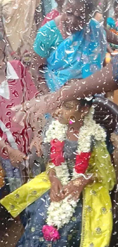 Festive gathering with colorful attire and rain-soaked glass in the foreground.