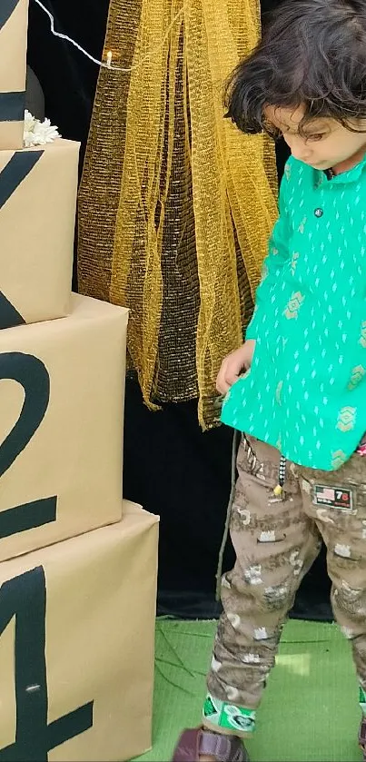 Child in colorful outfit at a festival with decorations.