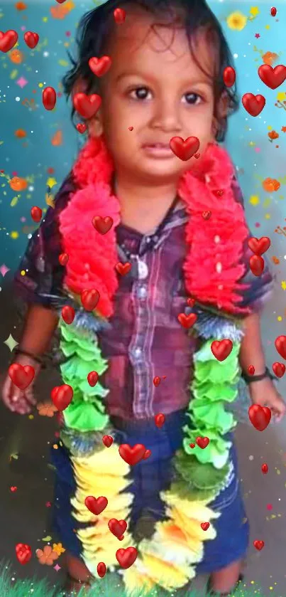 Child with colorful garlands and hearts on festive wallpaper.