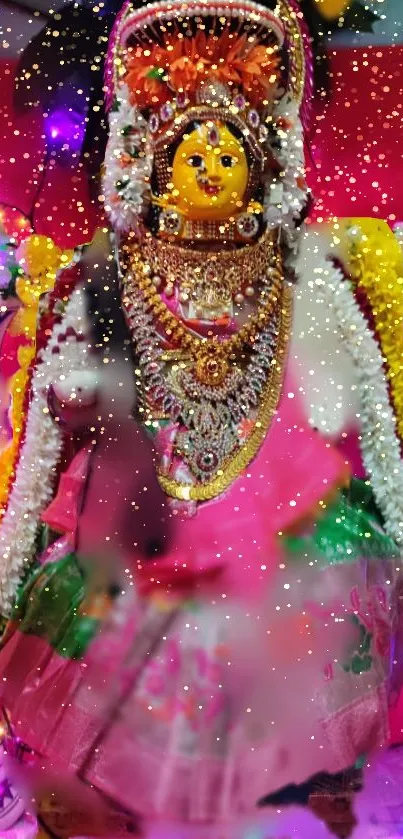 Intricately adorned deity with vibrant colors and sparkling festive background.