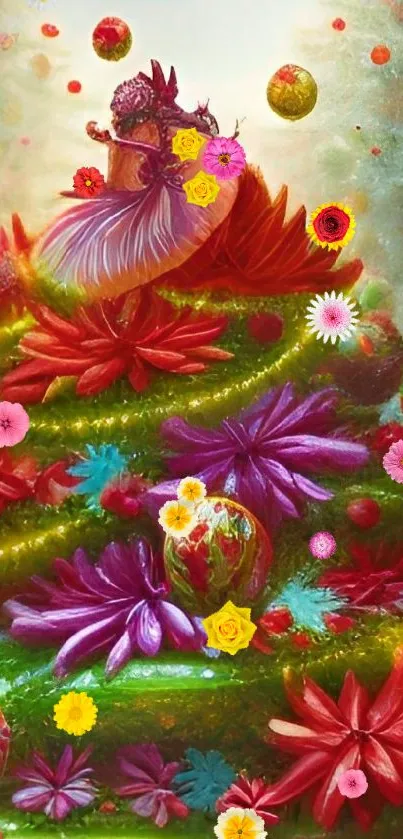 Festive mobile wallpaper with colorful flowers and ornaments.