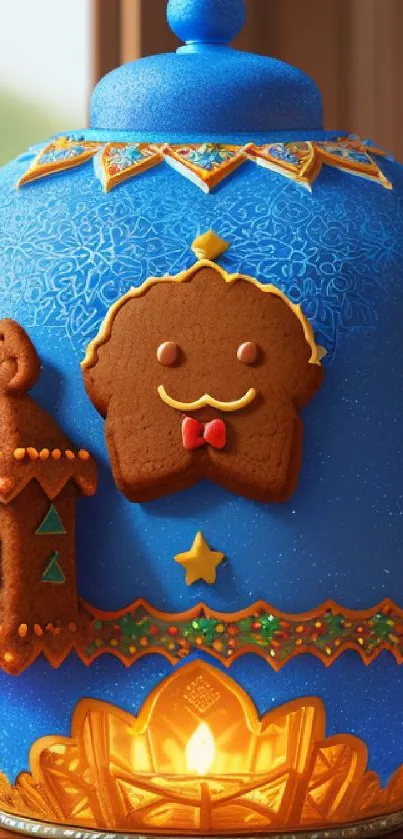 Festive gingerbread lantern on blue pottery