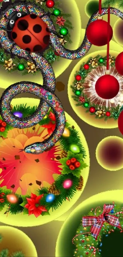 Festive mobile wallpaper with holiday ornaments and wreaths.