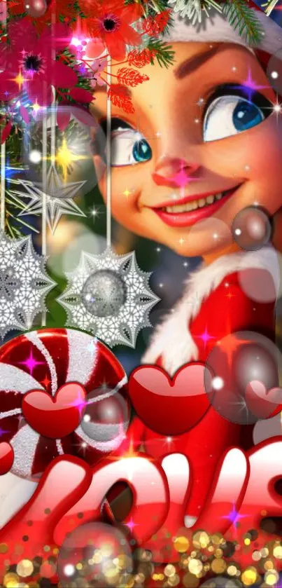 Festive wallpaper with a cheerful character and holiday decorations.