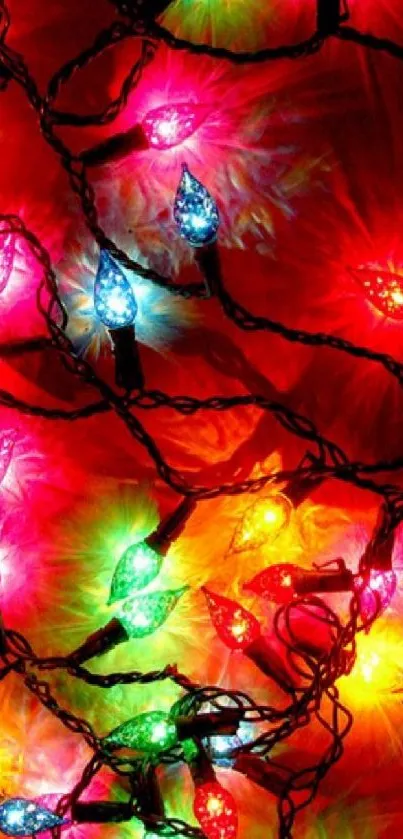 Colorful string lights with a festive red glow.