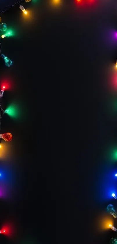 Black background with colorful holiday lights border.