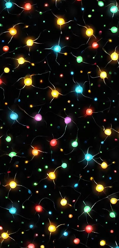 Colorful festive lights on a dark background.