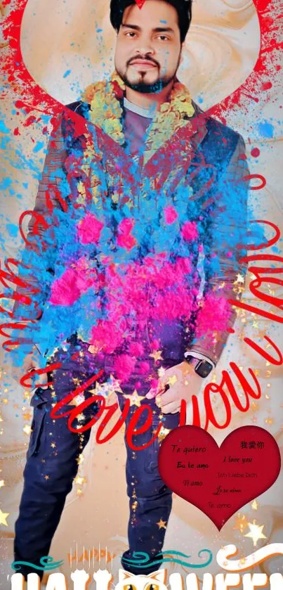 Festive mobile wallpaper with colorful powder and 'I Love You' text.