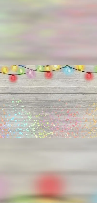 Colorful festive lights and confetti on rustic wood background.