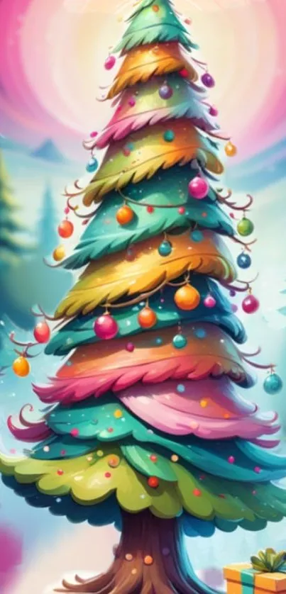 Colorful Christmas tree with ornaments in a whimsical style.