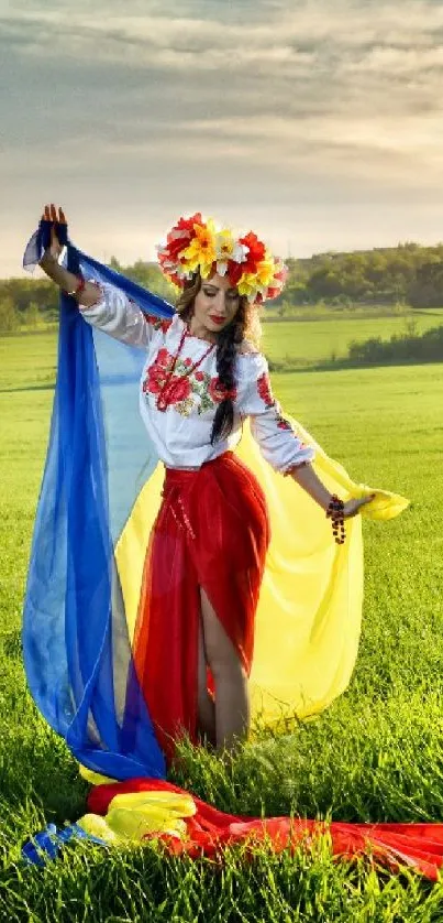 Dancer in colorful attire in a green field under a vibrant sky.