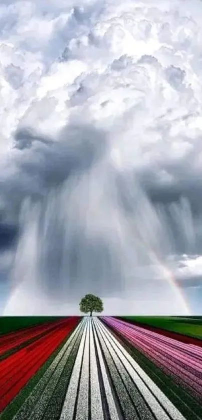 Wallpaper of a colorful field with a stormy sky and a solitary tree.