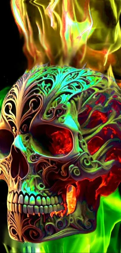 A colorful, fiery skull with psychedelic designs and green flames.