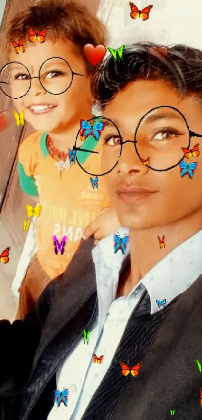 Two friends with butterfly and glasses filter selfie.