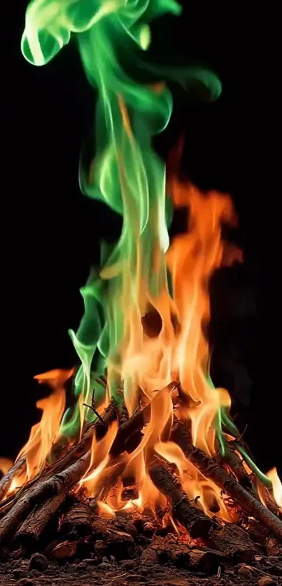 Green and orange flames against black background.