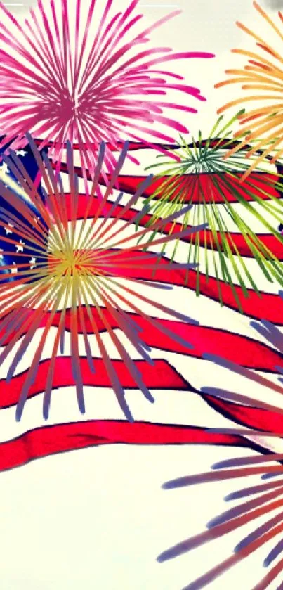 Colorful fireworks over a stylized American flag wallpaper.