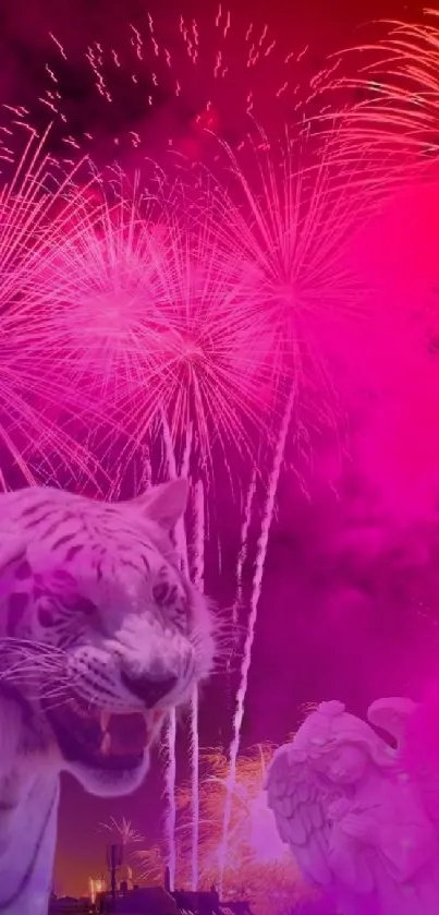 Colorful fireworks with tiger silhouette wallpaper.