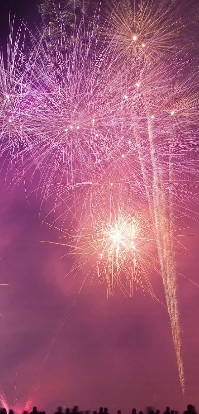 Purple fireworks illuminating the night sky with silhouettes of people watching.