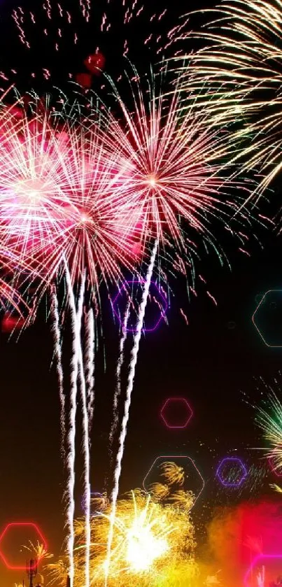 Mobile wallpaper with vibrant fireworks lighting up a night sky, featuring various colors.