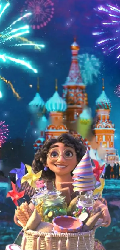 Animated character with basket amidst fireworks and ornate building at night.